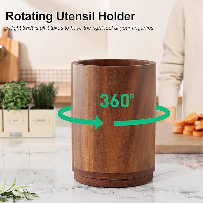 ZUJJAFY Utensil Holder, 360° Rotating Acacia Wood Kitchen Utensil Holder for Counter, 7.2" Large Cooking Utensil Crock for Countertop, Wooden Utensils Organizer for Cooking Spatula Storage