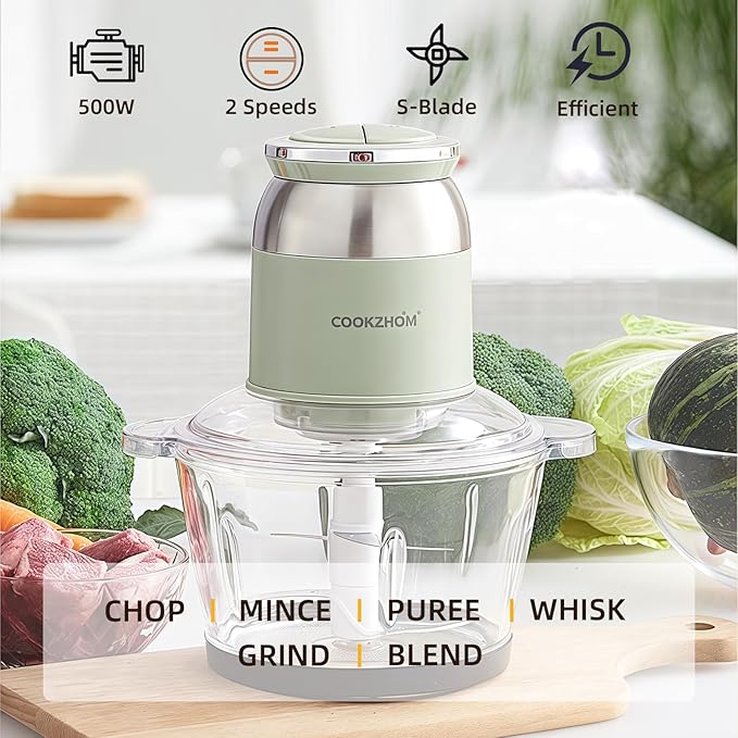 Green Food Processor,500W Electric Meat Grinder with 8 Cup Glass Bowl and 4 Sharp Blades, Food Chopper & Vegetable Chopper for home use,Meat Processor, Vegetables, Fruits and Nuts
