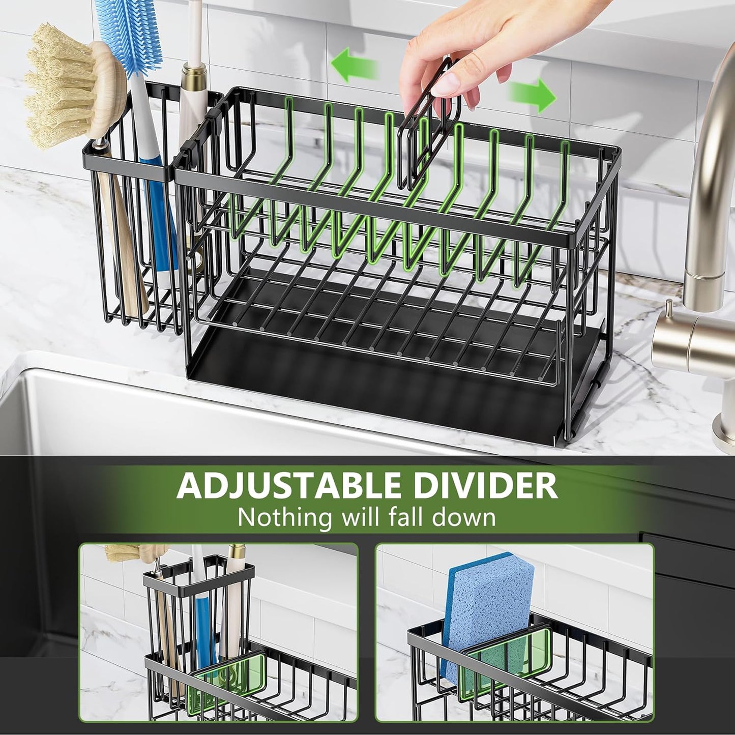 Cisily 2-Tier Kitchen Sink Caddy Organzier Rack with Flexible Dish Brush Holder, Sponge Holder for Kitchen Sink Countertop Organization Storage,Home Decor Accessories Essentials Stainless Steel