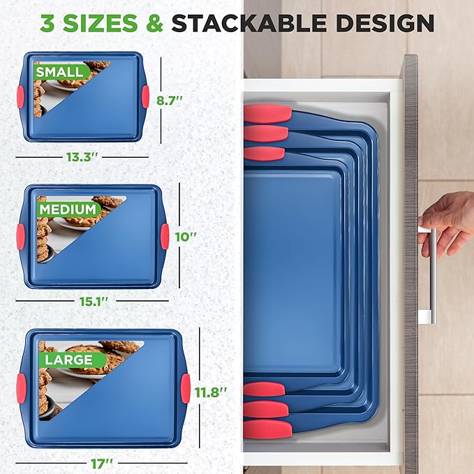 NutriChef Nonstick 3-Piece Baking Pans Set – Carbon Steel Bakeware with Blue Coating Inside & Outside and Red Silicone Handles, Durable and Reliable, Effortless Baking and Easy Cleanup (Blue)