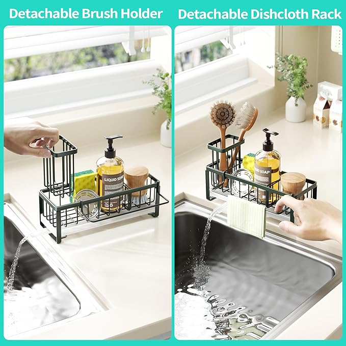 HapiRm Sponge Holder for Kitchen Sink - Self-draining Sink Caddy with Brush and Dishcloth Holders, Stainless Steel Kitchen Organizer for Countertop - Green