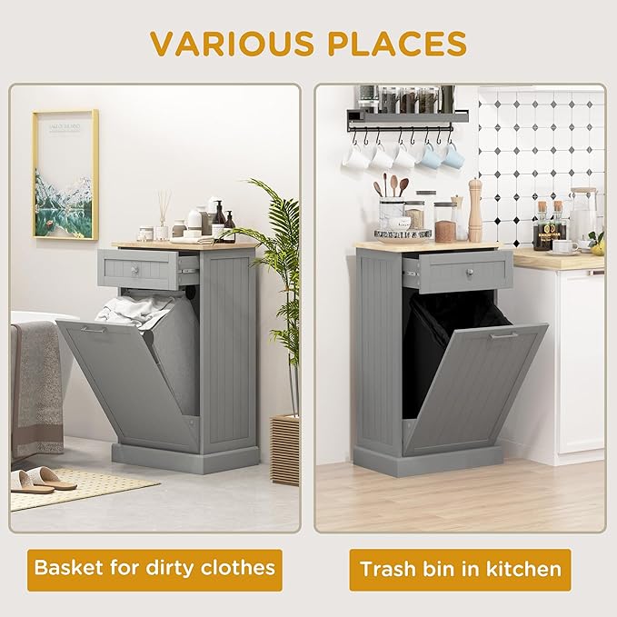 HOMCOM Kitchen Tilt Out Trash Bin Cabinet Free Standing Recycling Cabinet Trash Can Holder with Drawer, Gray