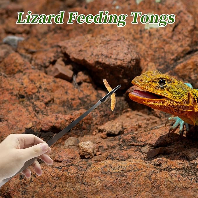Reptile Stainless Steel Lizard Aquarium Straight Feeding Tweezers with Rubber Tip, Terrarium Feeding Tongs, 14.96" L, Black Silver Tone