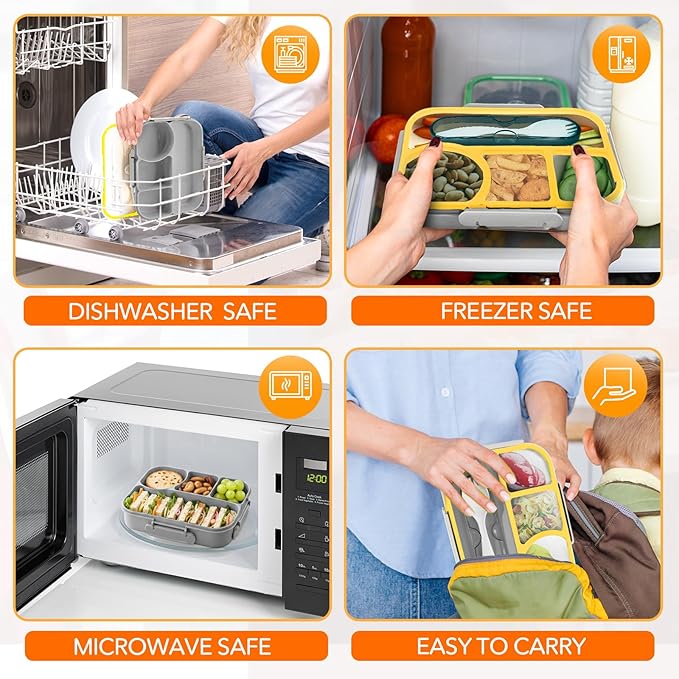 EASYFUN Bento Box Adult, Lunch Box, 4-Compartment Lunch Containers, Drop-Proof, Dishwasher Safe & Made with BPA-Free Materials (Grey)