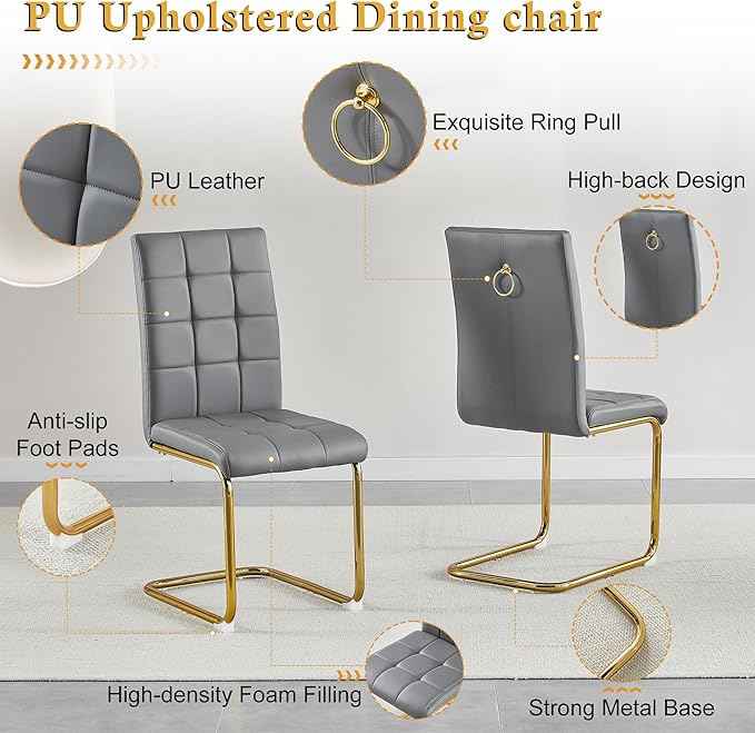 AF ARTISAN FURNITURE 53'' Glass Dining Table Set for 4, Kitchen Table Chairs Set of 4, Clear Gold Glass Dining Tables with Stainless Steel Legs, 4 Grey PU Dining Chairs, Living Room, Kitchen