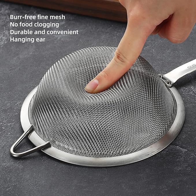 304 Stainless Steel Fine Mesh Strainers for Kitchen, Colander-Skimmer with Handle, Sieve Sifters for Food, Tea, Rice, Oil, Noodles, Fruits, Vegetable