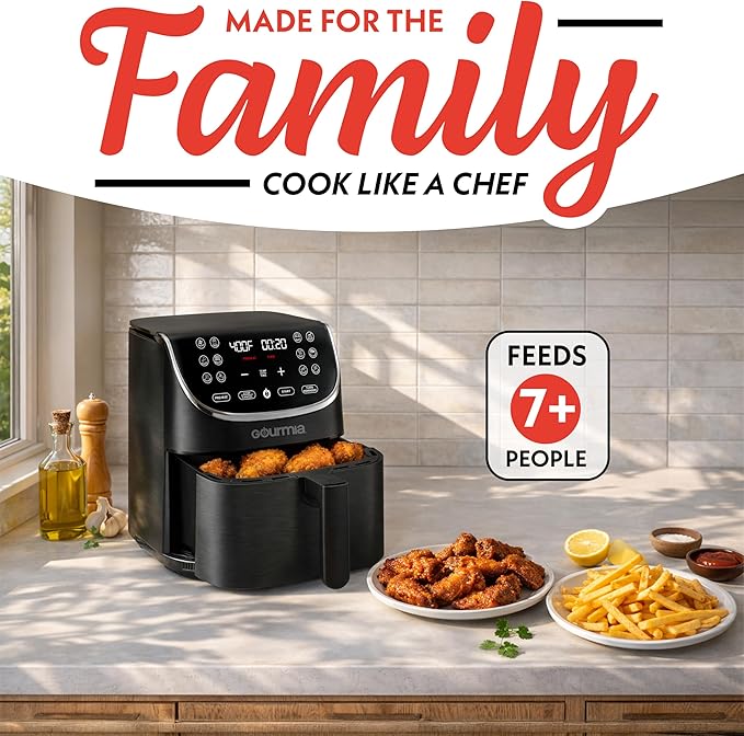 Gourmia Air Fryer - 7 Qt Large Capacity with LED Display, 12 One-Touch Presets, FryForce 360° Technology, Nonstick Dishwasher-Safe Basket & Crisper Tray, Black