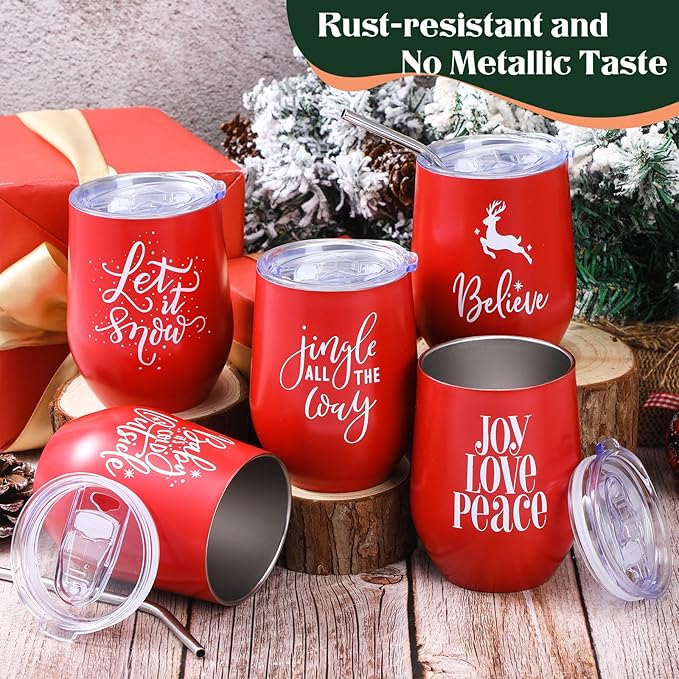 Uiifan 10 Pack Christmas Tumblers Gifts 12 Oz Xmas Funny Tumbler Christmas Stainless Steel Coffee Mugs Set Xmas Insulated Travel Cup with Straw Lid for Family Xmased Holiday Gift (Red)