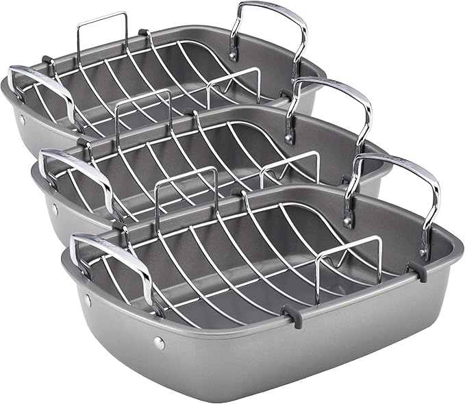 Circulon Nonstick Roasting Pan/Roaster with Rack - 17 Inch x 13 Inch,Gray,(Pack of 3)