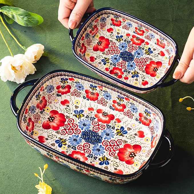 Baking Dish Ceramic Baking Pan Blue Casserole Dish Porcelain rectangular Baking Set 2pcs Bakeware Sets Single Serving Size Lasagna Pan Baking Dishes for oven(Honey Flower)