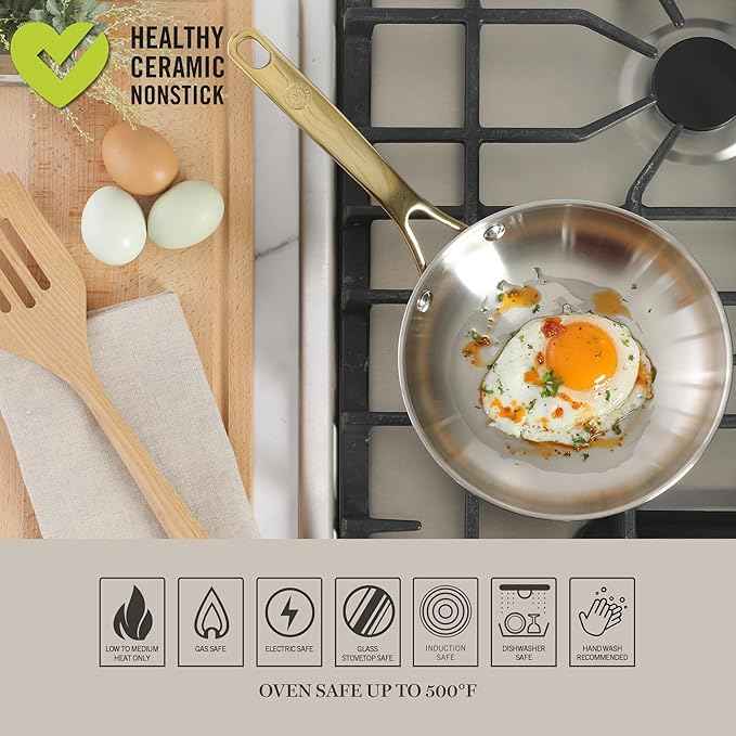 Martha Stewart Castelle 8-Inch Stainless Steel Frying Pan with Gold-Tone Handle – Tri-Ply Encapsulated Bottom, Oven Safe & Induction Safe Skillet for Searing and Sautéing