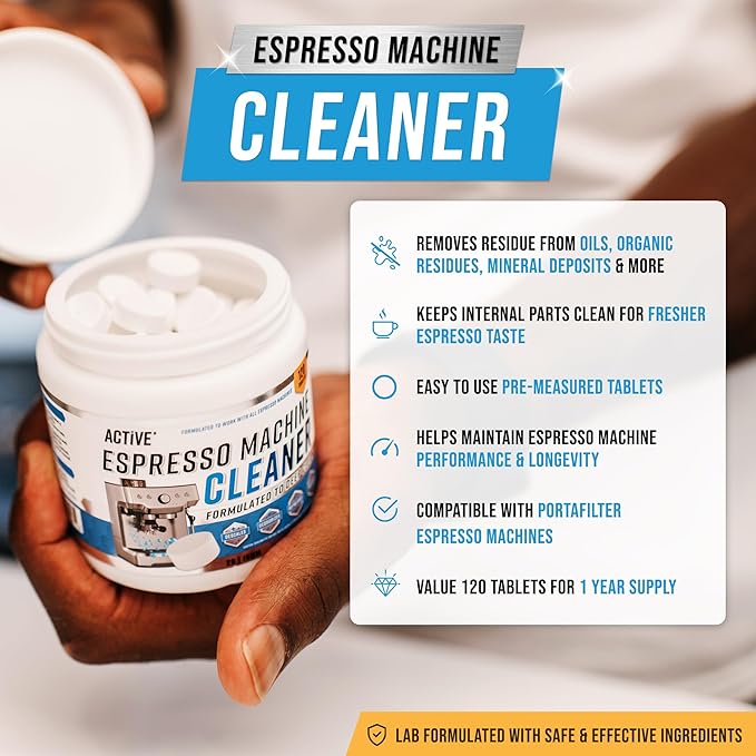 ACTIVE Espresso Machine Cleaning Tablets Descaling - 120 Tabs | Compatible with Breville Barista Express, Gaggia, Delonghi, Jura, Philips | Expresso Maker Backflush Oil Remover Solution Clean Tablet