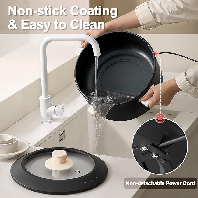 TOPWIT Hot Pot Electric, 4L Electric Pot with Non-Stick Coating, Dual Power Electric Cooker for Deep Frying, Steak, Pasta, Multi-Functional Large Capaity Shabu Shabu Pot for Party, Dark Black