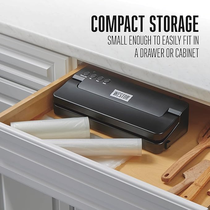 Weston Compact Food Vacuum Sealer Machine, Powerful 23” Hg Pump, For bags Up To 11” Wide, 100 Watts, Corner Guides for Easy Align, Intuitive Controls + Pulse Function, Black (65-2061-W)