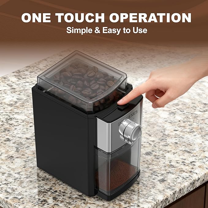 Electric Flat Burr Coffee Grinder, Compact Coffee Grinder for Home Use, Burr Mill Grinder with 17 Precise Grind Settings, 7oz Large Hopper, Removable Burr & Coffee Container