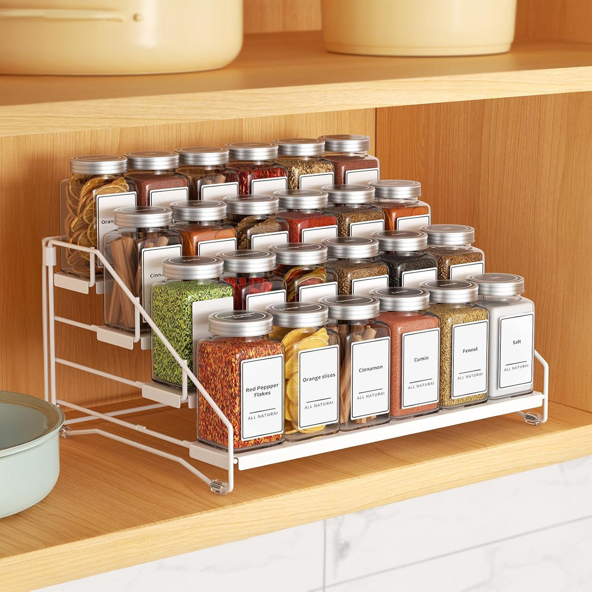Tiered Spice Rack, 4 Tier Spice Shelf Organizer for Cabinet, Spice Rack Organizer, Depth Adjustable Seasoning Rack Organizer for Cabinet, Countertop, Pantry, Metal, White (1 Pack)