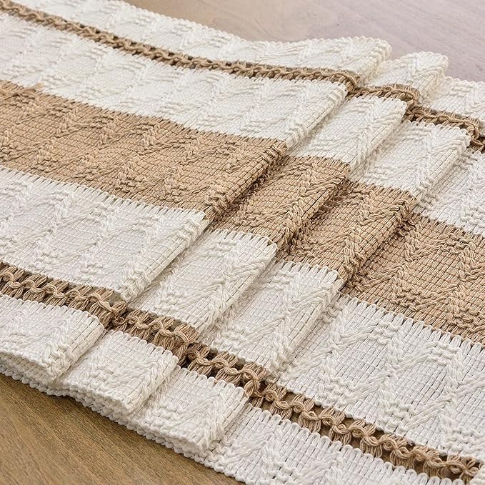 FEXIA Boho Table Runner for Hoilday Spring Home Decor with Tassels 60 Inches Long Pottery barn Furniture Farmhouse Rustic Macrame Burlap Table Decoration for Living Room (12x60 Inches)