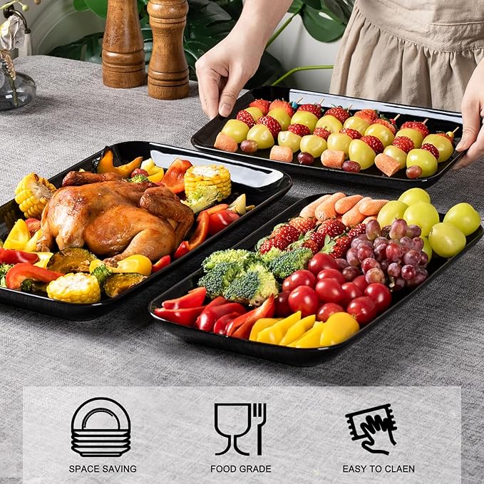 DELLING Large Serving Platter Set of 3, 16/14/12 Inch Porcelain Serving Trays for Party - Black Ceramic Rectangular Platters for Entertaining,Platter for Thanksgiving Christmas, Dishwasher Oven Safe