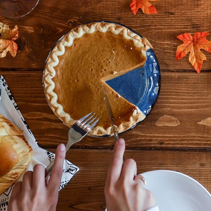 SIDUCAL Ceramic Pie Pan for Baking,Reusable NonStick Ceramic Pie Plate with Ruffled Edge,Deep and Fluted Pie Dish for Apple Pie,Quiche,Pot Pies, Tart, etc (Active Blue, 10.5 INCHES)