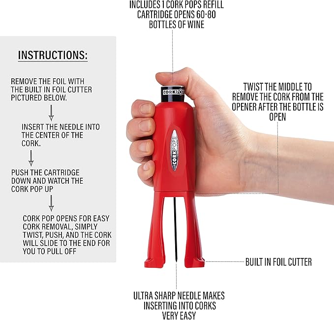 Cork Pops Legacy Wine Opener Built-in 4-Blade Foil Cutter Safe Cork Removal, Effortless Push Button Use, Needle Guard for Safety, Low-Pressure Cartridge Opens Up To 60 (Red, With 3 Cartridges)
