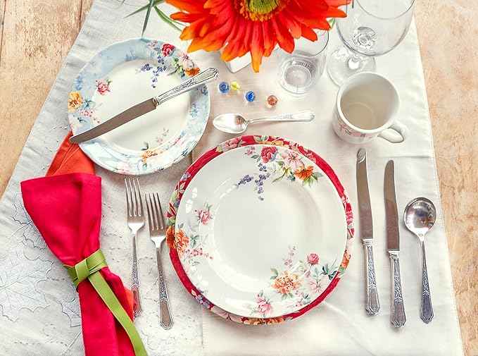 Tudor Royal Collection 30-Piece Porcelain Round Dinnerware Set, Service for 6, Crimson Design, Summer Flowers, Plates Bowls Mugs Dishes, Glossy, Premium Quality Tableware