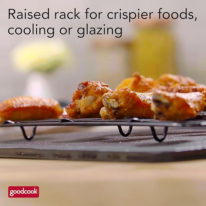 GoodCook 15” x 10.5” Nonstick Carbon Steel Baking Pan & Raised Wire Rack – Pizza Crisper,Crispy Bacon,Multipurpose Cooking Sheet Pan,Cooling Rack,Kitchen Cookware Set,Dishwasher Safe,(Pack of 12)