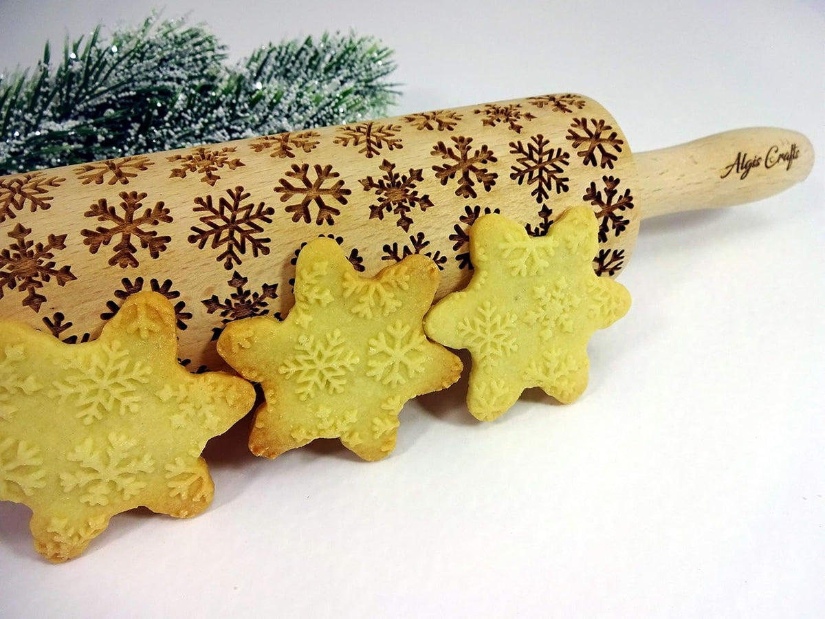 SNOWFLAKES Embossing Rolling Pin Laser Engraved Dough Roller for Christmas Gingerbread