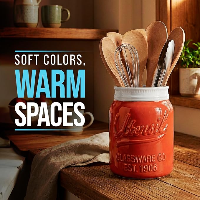 Comfify Wide Mouth Mason Jar Utensil Holder Decorative Kitchenware Organizer Crock, Dishwasher Safe - Kitchen Caddy, Large Size 7" High - Coral