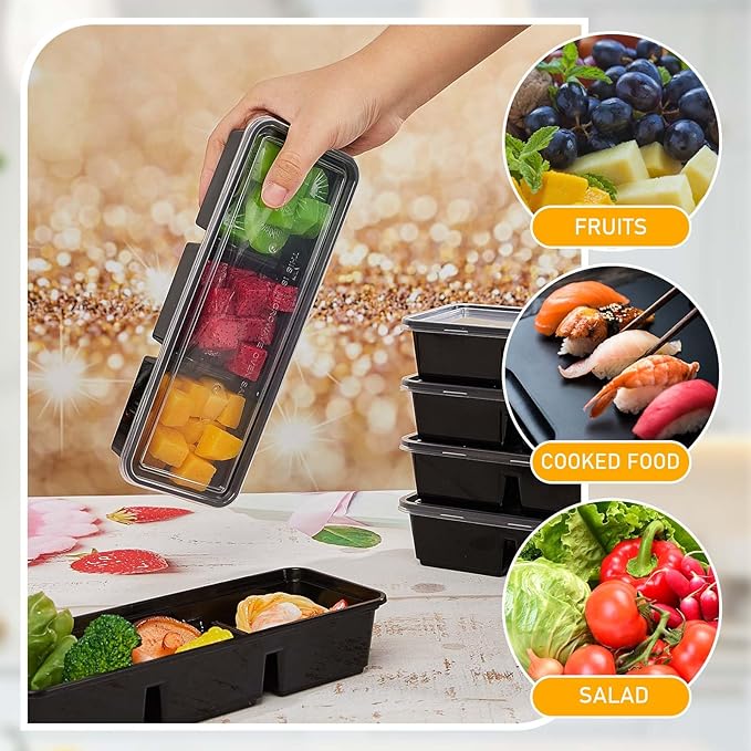 Hushee 75 Pack 17 oz Small Meal Prep Containers with 3 Compartments Snack Containers with Lid Disposable Plastic Bento Box Travel Lunch Food Boxes Stackable for Office Picnic (Black)