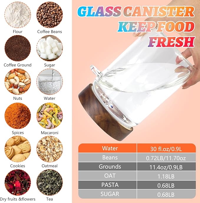 Glass Coffee Jars with Scoop Glass Jar Airtight Lid Seasoning Containers Glass Spice Jar Pantry Storage Containers for Kitchen Sugar Coffee Bean Nuts Cookies Herbs (900ml/30oz-1 pack -with spoon)