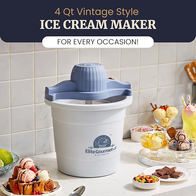 Elite Gourmet 4Qt Electric Ice Cream Maker EIM350 Delicious Homemade Ice Cream, Gelato, Sorbet, Frozen Yogurt, 4Qt Aluminum Freezing Cannister, Durable Plastic Ice Bucket, Powerful 50W, Periwinkle