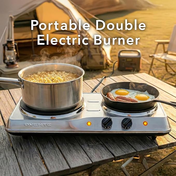 OVENTE Electric Countertop Double Burner, 1700W Cooktop with 7.25" and 6.10" Cast Iron Hot Plates, Temperature Control, Portable Cooking Stove and Easy to Clean Stainless Steel Base, Silver BGS102S