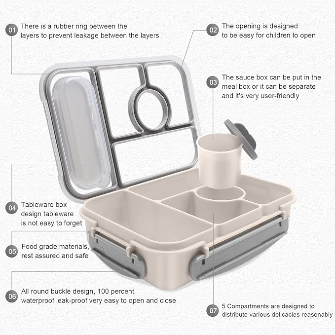 Amathley Bento Box Adult Lunch Box Kids,Lunch Containers for Adults/Kids/Toddler,5 Compartments Bento Lunch Box with Sauce Vontainers,Microwave & Dishwasher & Freezer Safe,BPA-Free (White)