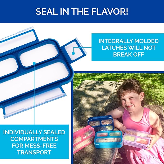 Small Snack Containers for Kids Toddlers - 3 Compartments (Set of 2) - Leak-Proof Reusable Boxes with Lids -BPA-Free Plastic Mini Bento Lunch Box - Ideal for School, Daycare, Holds 2 Cups (Navy+Blue)