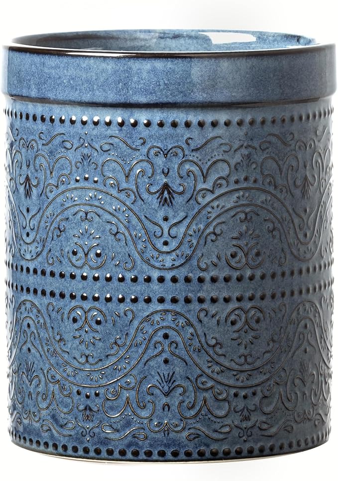 Kitchen Utensil Holder, 7 Inches Large Ceramic Utensil Holder for Countertop, Lace Emboss Cooking Utensil Crocks for Kitchen, Home Decor, Reactive Blue