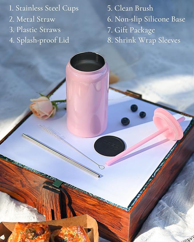 Glass Cups with Lids and Straws, 16oz Stainless Steels Cups, Beer Cups, Iced Coffee Cup, Smoothie Cup, Sublimation Tumbler, Black (Smooth Polished Finish, Sublimatable)