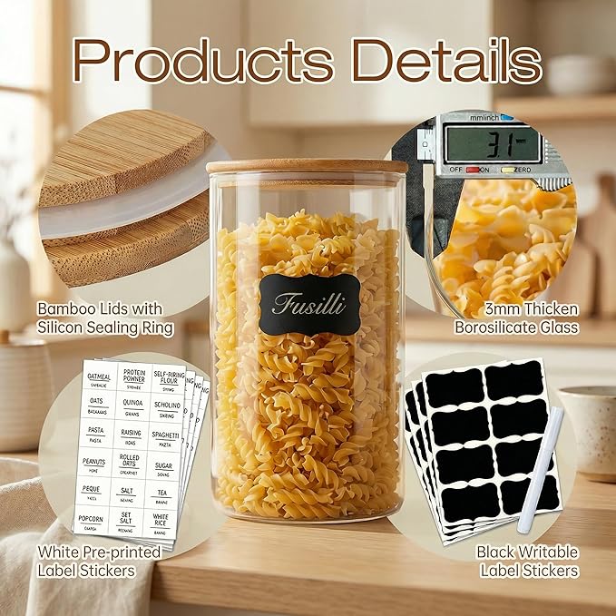 HomArtist Extra Large Glass Flour and Sugar Storage Containers with Airtight Lids,132 floz x2 [Set of 2] Big Glass Jars with Bamboo Lids, Air Tight Food Storage Jars for Cereal, Pasta, Rice, Coffee