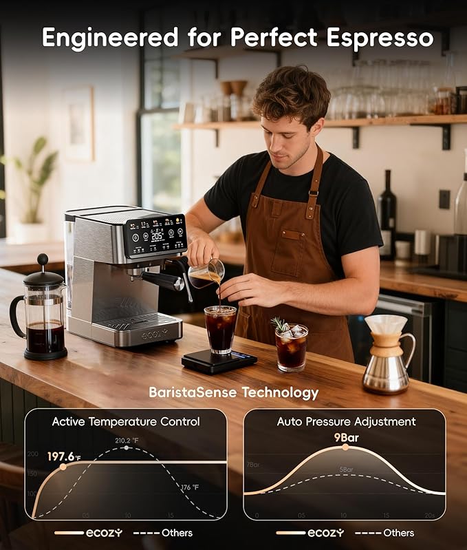 ecozy 4-in-1 Espresso Machine and Coffee Maker Combo with Milk Frother, Cold Brew & Over Ice, Interactive Touch Screen, Stainless Steel, Brezzano Elite Series for Cappuccinos, Lattes, Americanos