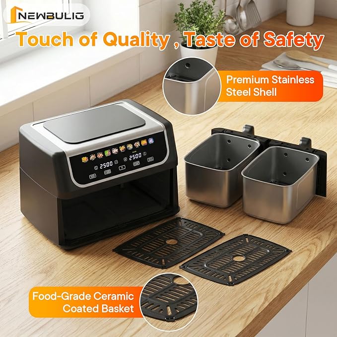 NEWBULIG Dual Air Fryer with 2 Baskets 9.5 QT, 10 in 1 Large Air Fryers with Ceramic Crisper Plate, Match Cook, Sync Finish, Shake Reminder, 80-450°F Wide Temp, Roast, Defrost, Dehydrate, Bake, Black