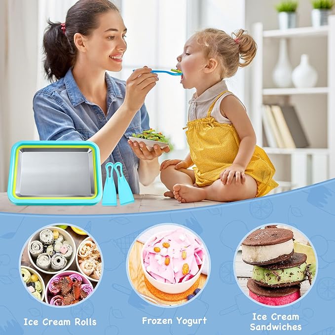 Mini Rolled Ice Cream Maker, Frozen Yogurt Rolls Tray, Instant Cold Plate Ice Cream Maker, Homemade DIY Smoothies, Ideal for Family Activities, Lake Blue