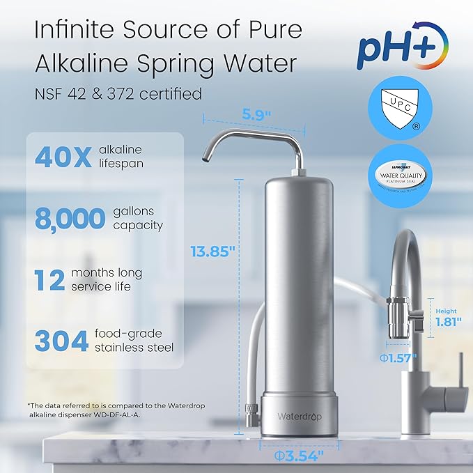 Waterdrop CTF-03 Alkaline Water Filter for Sink Faucet, NSF/ANSI 42 Certified Countertop Water Filter System, 5-Stage Stainless Steel Faucet, Reduces 99% Chlorine, 8000 Gallons, 1 Filter