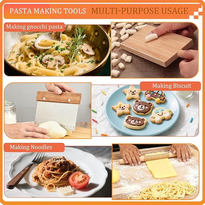10 Pcs Pasta Making Tools, Pasta Making Kit with Pasta Drying Rack,2 Rolling Pins,Gnocchi Board,Pasta Cutting Tools,2 Ravioli Makers,Making Dumplings.All-in-One Pasta Making Accessories for Home