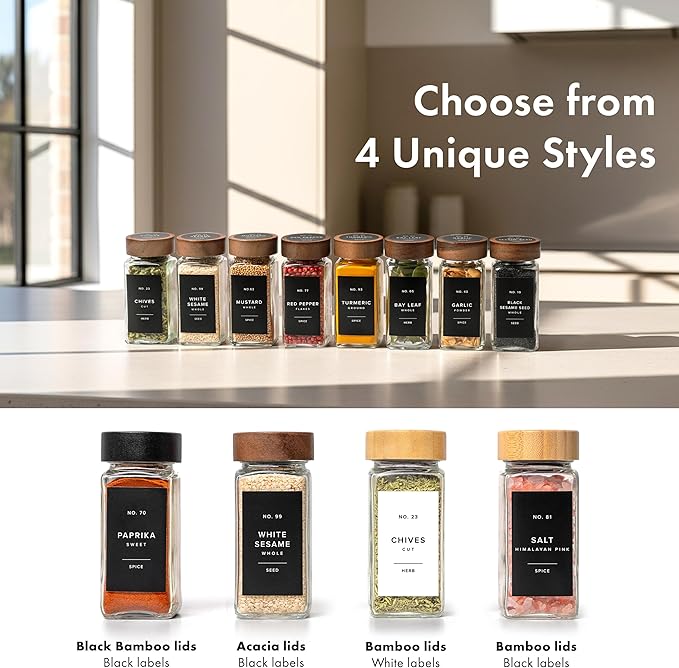 EDELHAUS® Square Spice Jars with Acacia Wooden Lid (Pack of 24) Spice Jars with Shaker Insert and 240 Labels - Acacia Lids Glass Container for Spice Organisation [4.3 in × 1.8 in]