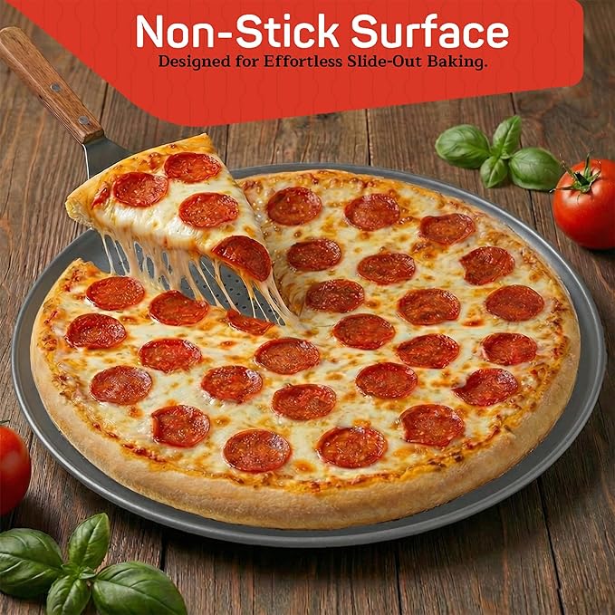 Emporio Kitchen Non-Stick Pizza Pan 2 Pack – 16 Inch Round Carbon Steel Pizza Tray with Perforated Holes, PFOAPFOSPTFE-Free, Dishwasher & Oven Safe Up To 450°F, Durable Nonstick Silver Coating