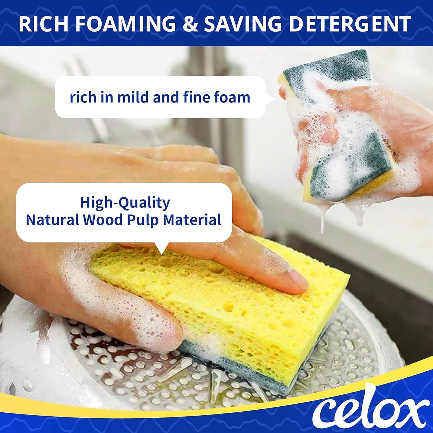 CELOX 24 Pack Dish Sponge for Kitchen, Dual Sided Scrub Sponge Heavy Duty, Non-Scratch Sponges Perfect for Kitchen Dishwashing and Household Cleaning, Highly Absorbent and Easy to Dry for Reuse