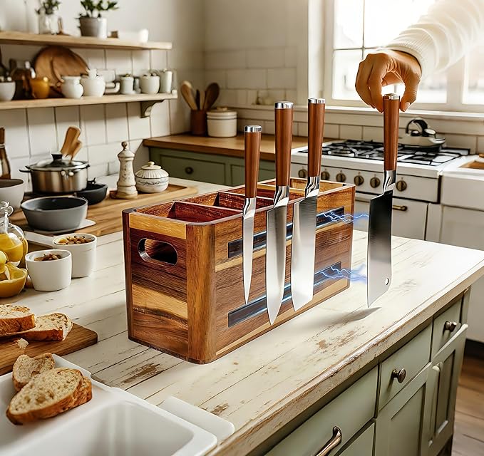 Wooden Kitchen Utensil Holder Organizer for Counter or Countertop, Large Wooden Utensil Holder 4 Compartment, Acacia Wood Container Extra Large.with Strong Magnets Multifunctional Storage Knife Holder