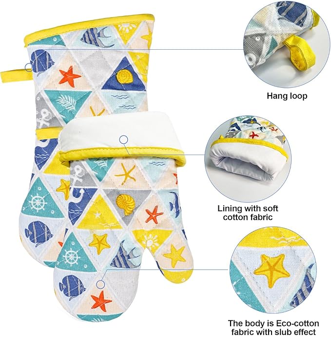 Alselo Oven Mitts and Pot Holders with Chef Apron,Set of 5 Heat Resistant Kitchen Gloves and Silicone Non-Slip Potholders Adjustable Neck Buckle Apron, Cotton Nice Design for Cooking (Sea Fish)
