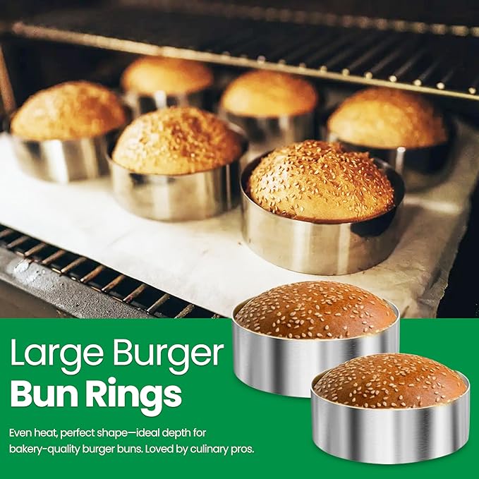 NOSSIDO 8-Piece 304 Stainless Steel Burger Bun Ring Mold Set - 4.5" & 4.4" Diameter - Perfect for Buns, Eggs, Pancakes, Mini Quiches, Desserts, and More | Durable, Versatile, and Ideal for Professional & Home Kitchens