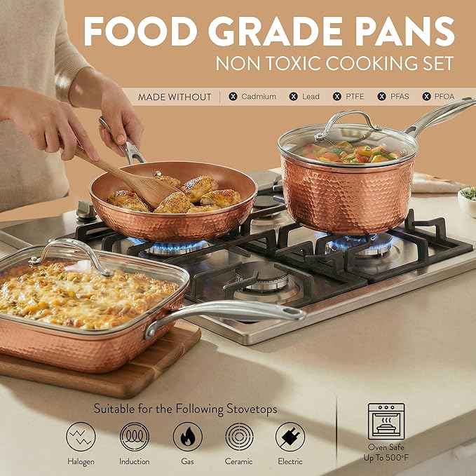 Gotham Steel Hammered 24 Pc Ceramic Cookware Set Nonstick, Induction Ceramic Pots and Pans Set Non Stick with Deep Square Pan Set & Bakeware Set, Non Toxic PFOA PFOS Free, Oven & Dishwasher Safe