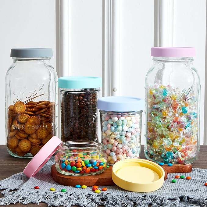 Teenyyou 6 Pcs Mason Jars 3 Wide and 3 Regular Mouth Lids Mason Jar Lids Thickened Leak Proof Lid for 86 mm and 70 mm Wide and Regular Mouth, Reusable Canning Jar Caps (Macaron)